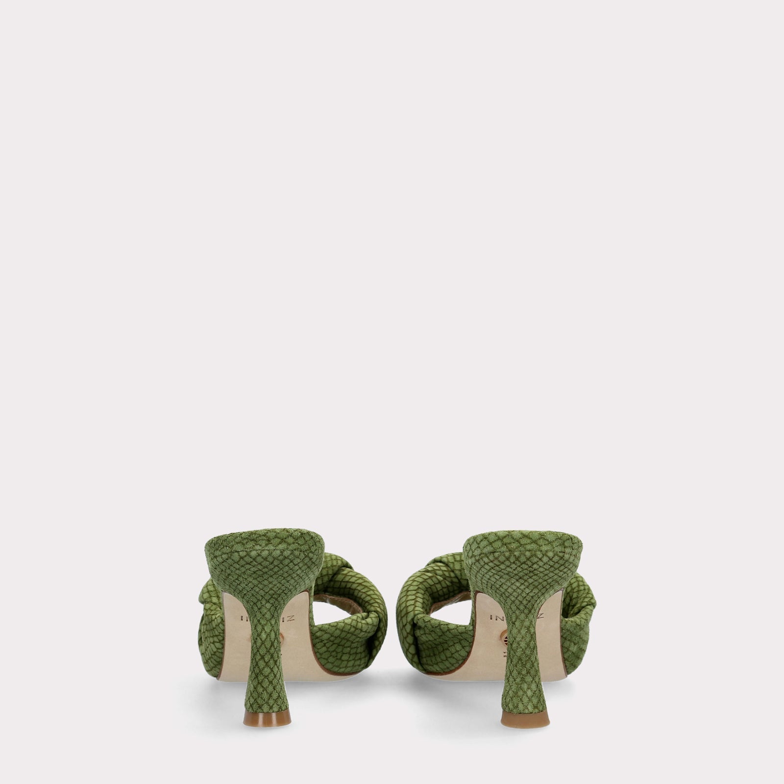 NIA OLIVE GREEN MINI VIPER EMBOSSED SUEDE LEATHER MULES