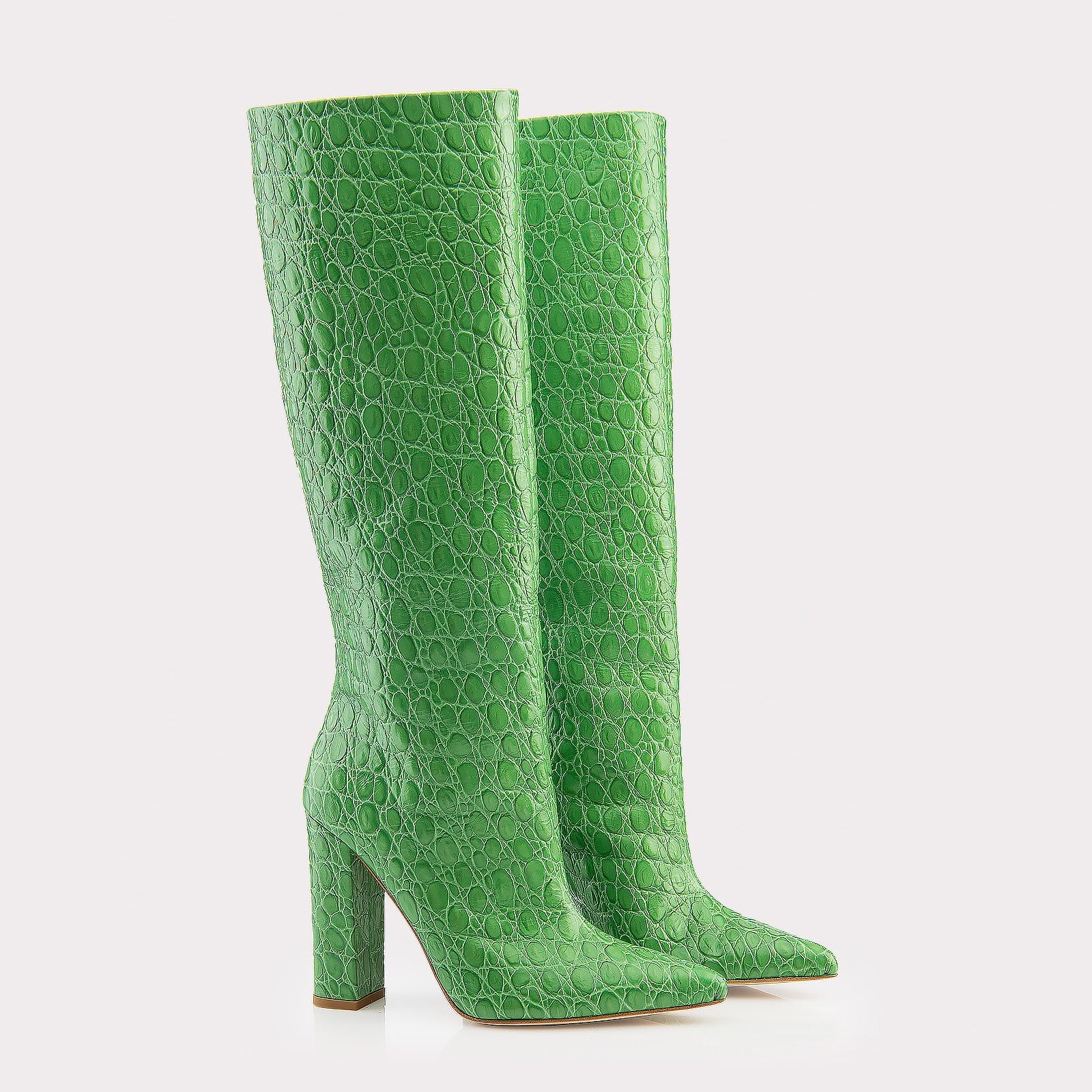 LILYANA GREEN EMBOSSED LEATHER BOOTS