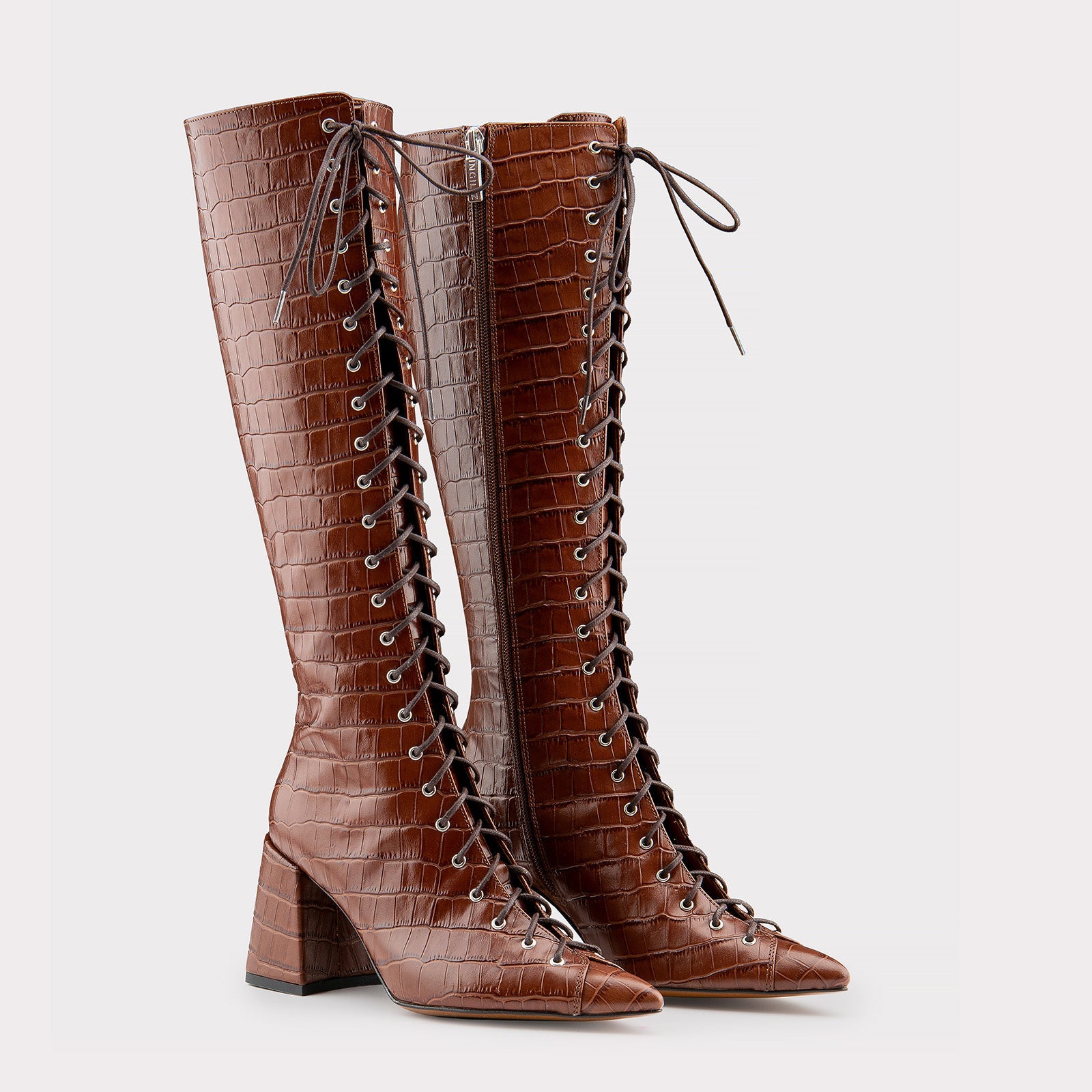 MONICA 03 BROWN CROCO EMBOSSED LEATHER BOOTS