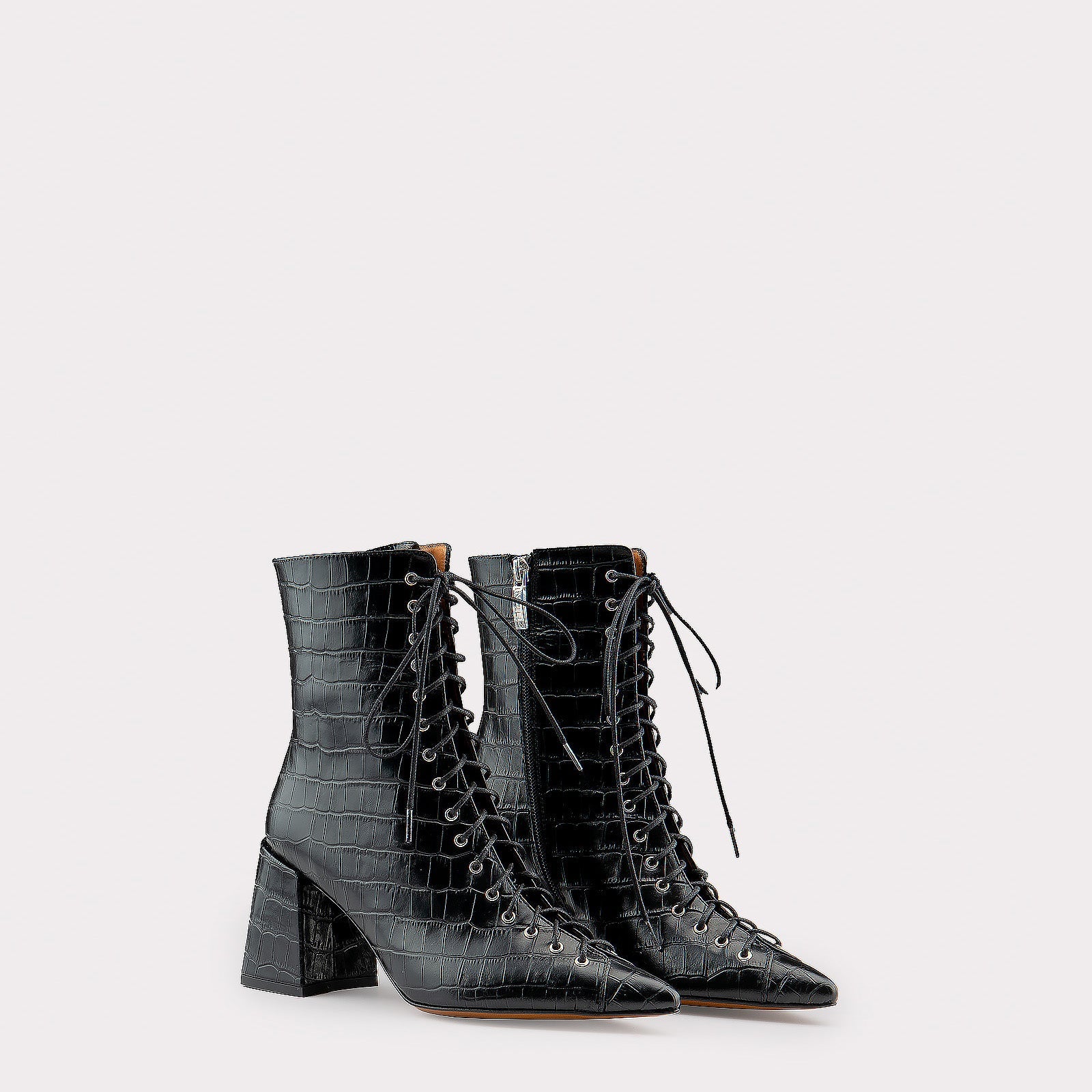 JOLIE 01 BLACK CROCO EMBOSSED LEATHER ANKLE BOOTS